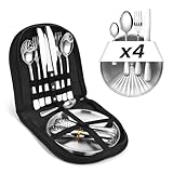 Set de cubiertos y platos resistentes, tipo camping, fáciles de limpiar y almacenar.