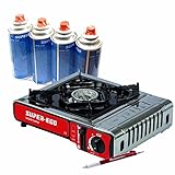 Cocina portátil de gas butano SUPER-EGO para camping (nueva normativa) + 4 cartuchos de gas + Boli