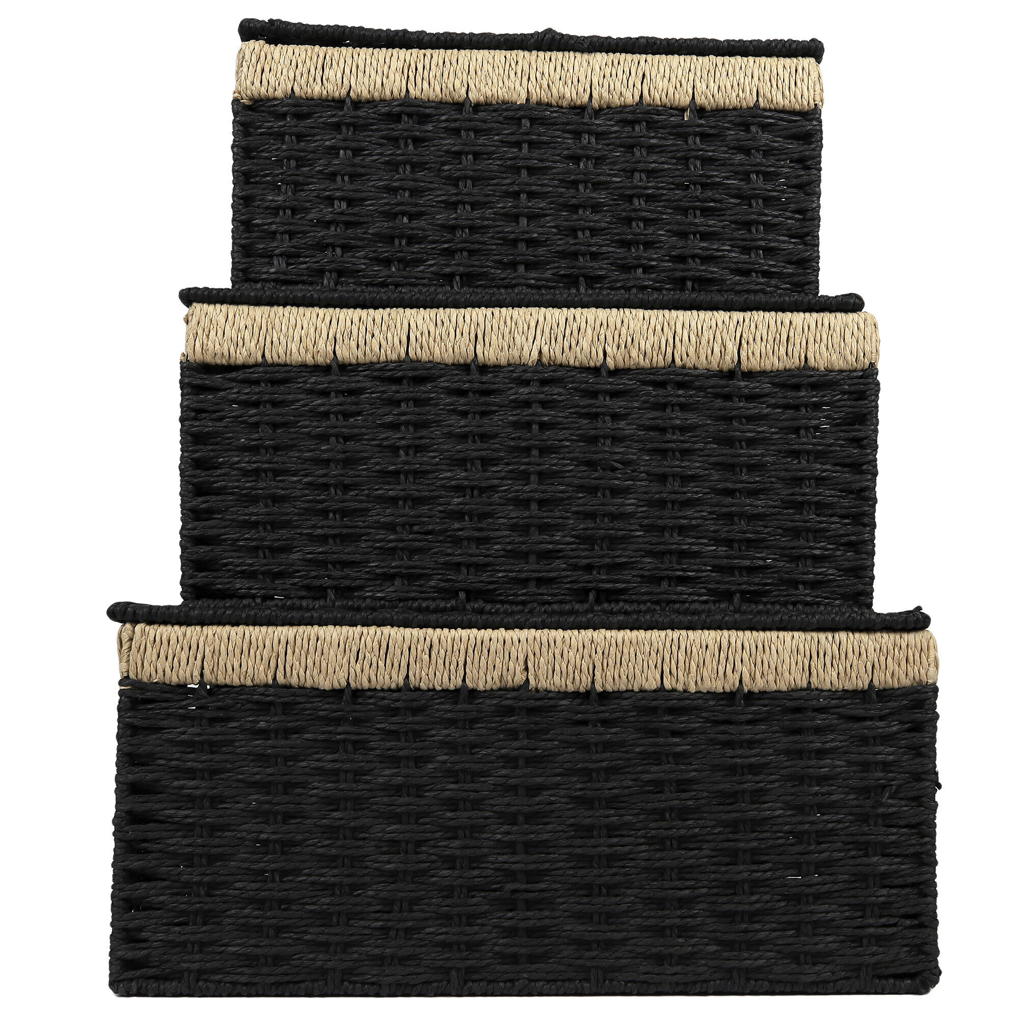 Set De 3 Cajas Almacenaje Negro Y Crudo Con Tapa