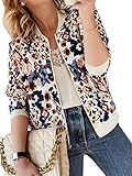 ECOWISH Chaqueta bómber casual con cremallera floral para mujer, cuello alto, ligera, corta