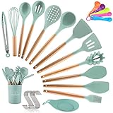 Utensilios Cocina de Silicona,Antiadherente con Mango de Madera