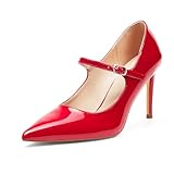 GENSHUO Zapatos de Salón Mary Jane para Mujer, Tacón de Aguja 8 cm, Punta Fina, Cuero Charol