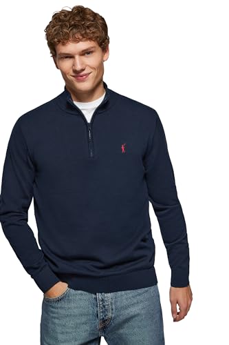 Jersey Polo Club Azul Marino con Cierre de Media Cremallera y Cuello Alto para Hombre - 100% algodón