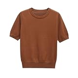 OWEIEYEU Suéter de punto de color liso para mujer, cuello redondo, manga corta, elástico