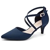 Greatonu Mujer Zapatos de Tacón Kitten Heel Tiras Cruzadas Puntiagudo de Salón Azul