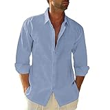 Friptspyg Hombres Camisa de Manga Larga de Algodón y Lino para con Bolsillo y Corte Regular Fit