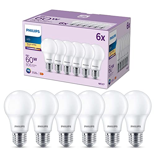Philips - 8W (Eq. 60W) 806 lúmenes, casquillo E27, Luz Cálida (2700K) - Pack de 6 Bombillas