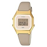 Casio Reloj Cuarzo Mujer 29.00mm con dial Digital Color Crema y Correa de Pulsera de Cuero Champagne