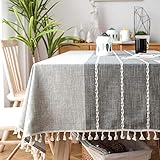 SUNBEAUTY Mantel Mesa Rectangular Tela Algodon Lino con Borlas Mantel Antimanchas 140x240 cm