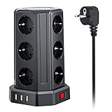 Torre Regletas Enchufes con Cable 5M, Regleta USB 12 Tomas de AC Corrientes y 4 USB, 3680W/16A