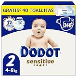 Dodot Pañales Bebé Sensitive, Talla 2 (4-8 kg), 240 Pañales + Regalo de 40 Toallitas Aqua Pure 99%