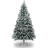 6ft/180cm Árbol de Navidad Artificial con 1000 Puntas de Nieve & Bayas Rojas