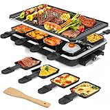 Parrilla Raclette reversible LeuKoles, para 8 personas, antiadherente de 1300W con 8 sartenes mini