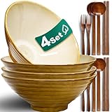 8 Pulgadas Juego De 4 Cuencos De Ramen De Cerámica (16 Piezas) Con Tenedor Palillos Chinos y Cuchara