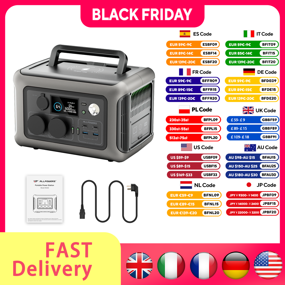 Estación de energía portátil ALLPOW R600, batería LiFeP04 de 299Wh con 2 salidas de CA de 600W