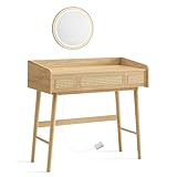 SONGMICS HOME Tocador con Espejo y Luz, Tocador de Maquillaje con 3 Cajones Ratán