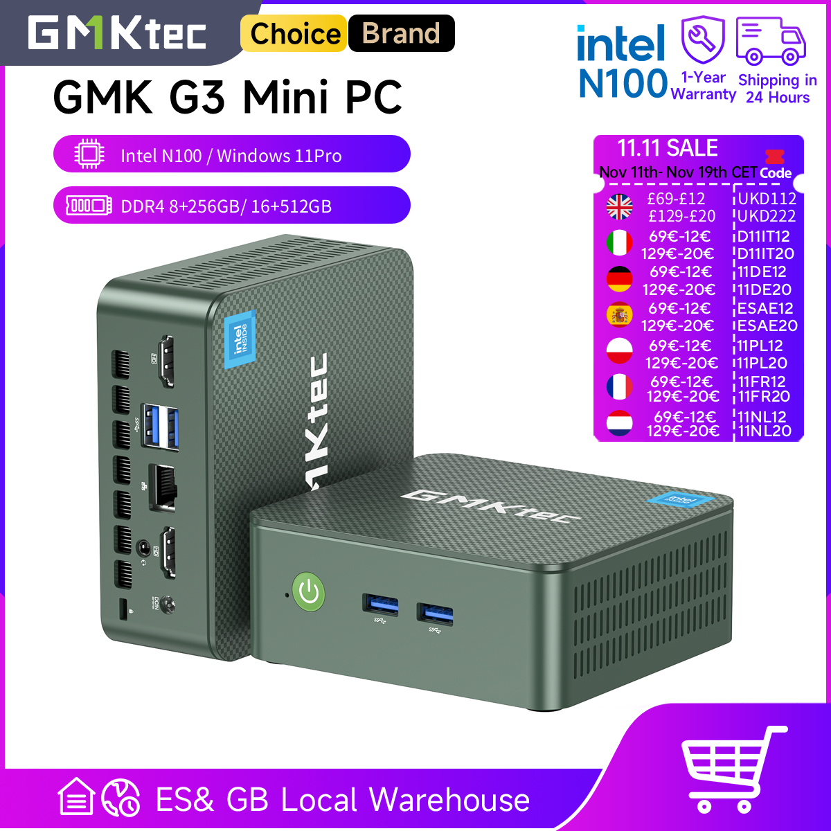 Mini PC GMKtec G3 Intel con Windows 11 Pro, 8/16GB de RAM, 256/512GB PCIe M.2 de SSD y WiFi 6