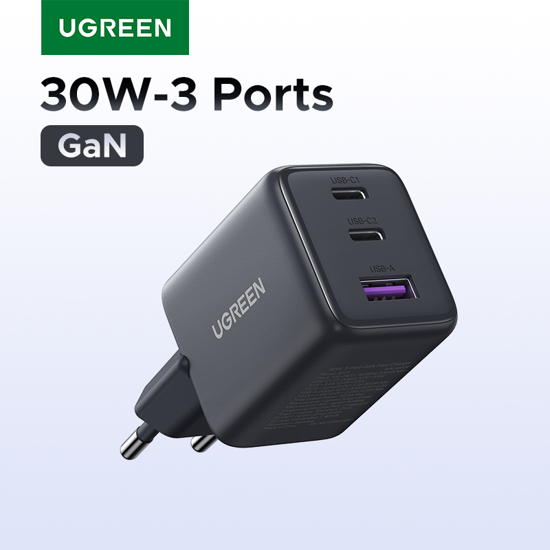Cargador GaN UGREEN de 30W con 3 puertos PD 3,0 USB C para móviles, ordenadores y tablets
