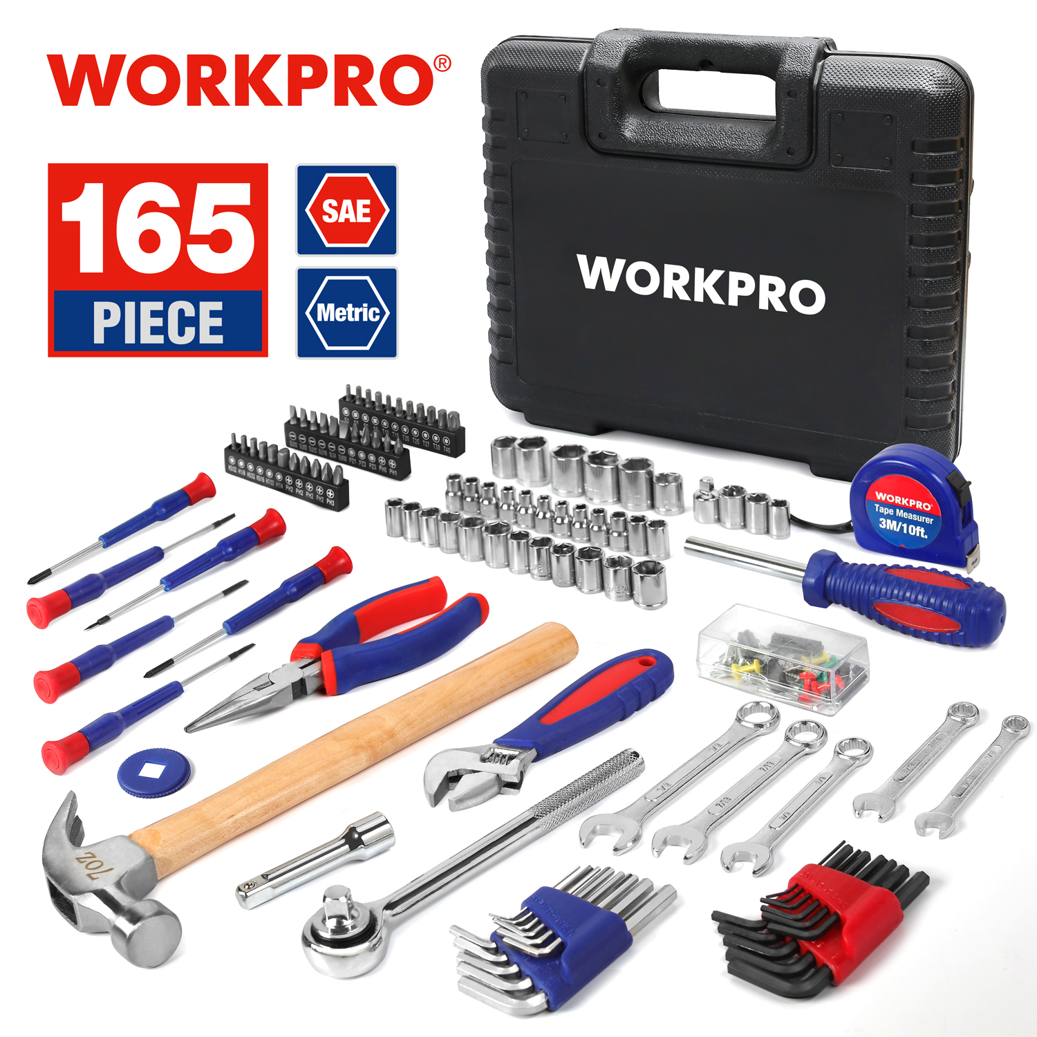 Maletín WORKPRO de 165 piezas con caja de herramientas de transporte sólida