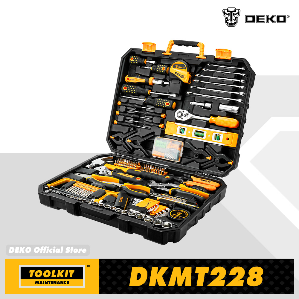 Kit DEKO de 228 herramientas de mano con estuche de almacenamiento de plástico