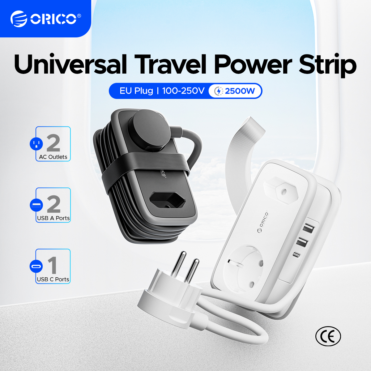 Regleta ORICO 2AC, 3 puertos USB, enchufe europeo, enchufes de Cable de extensión de 1,1 M