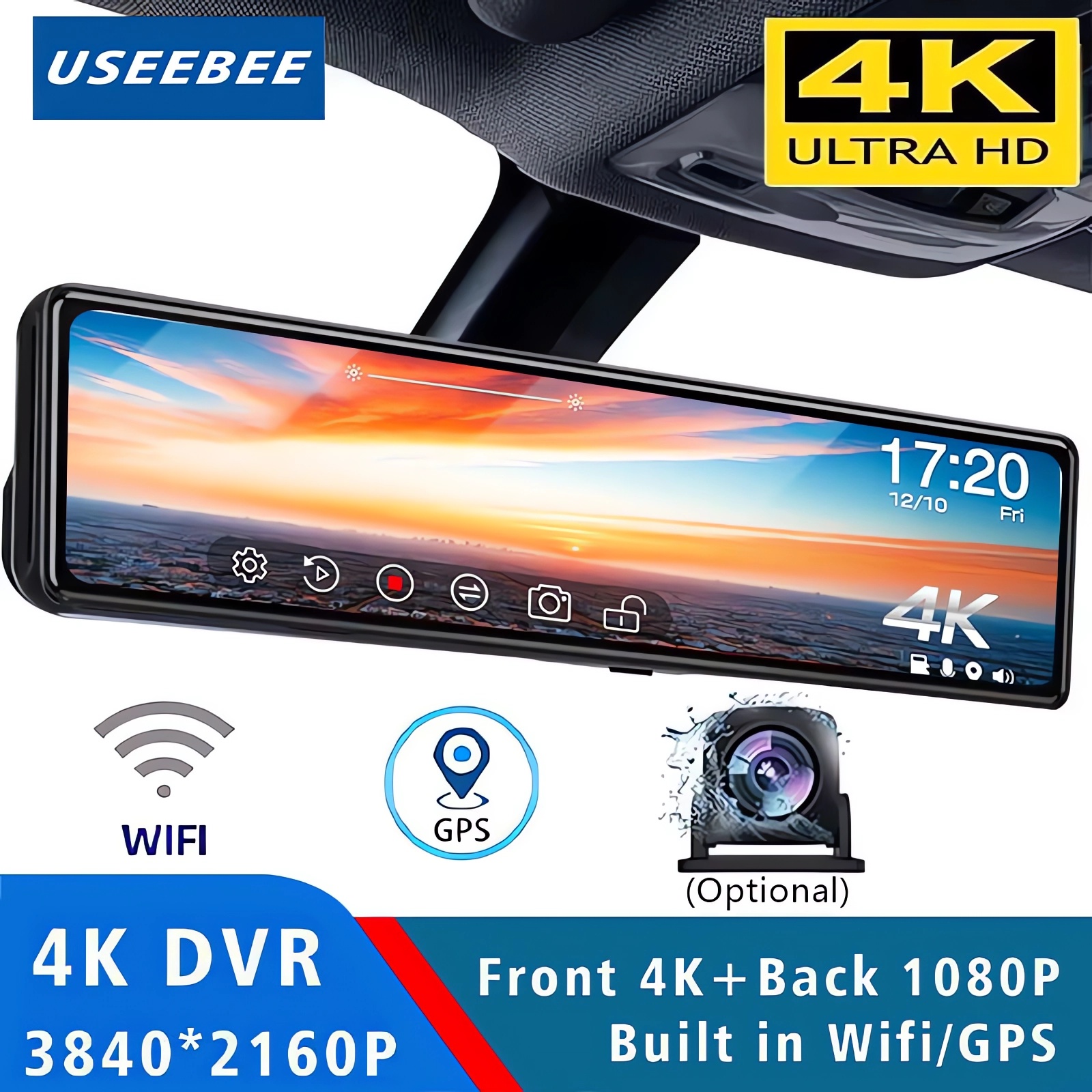 Espejo retrovisor Dash Cam de 11,26", UHD y 4K para coche con GPS, WIFI y lente Dual