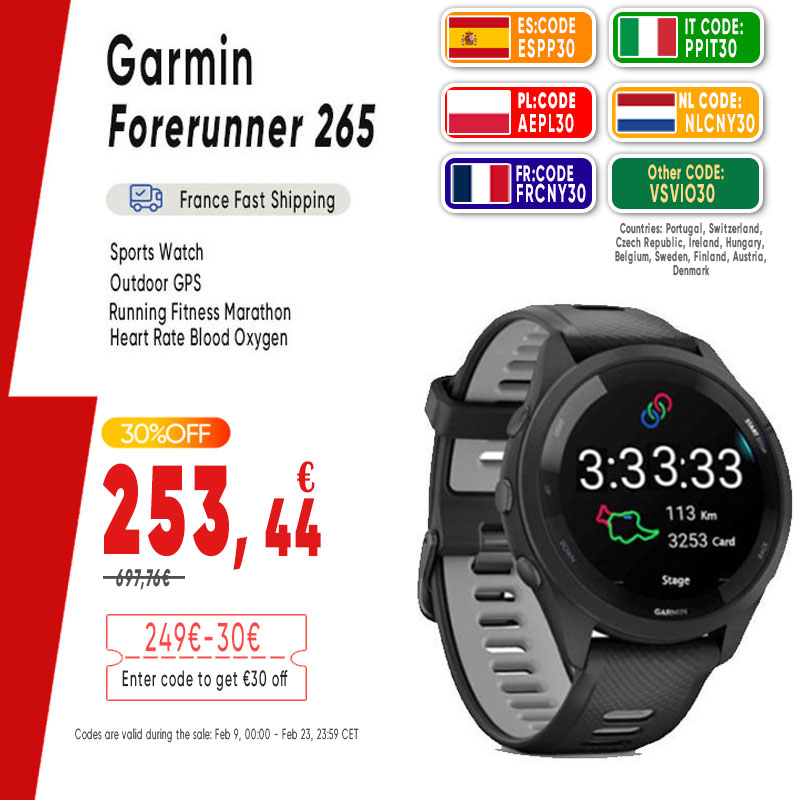 Garmin Forerunner 265 con GPS y modos: Correr, Fitness, Natación. Frecuencia cardíaca y oxígeno