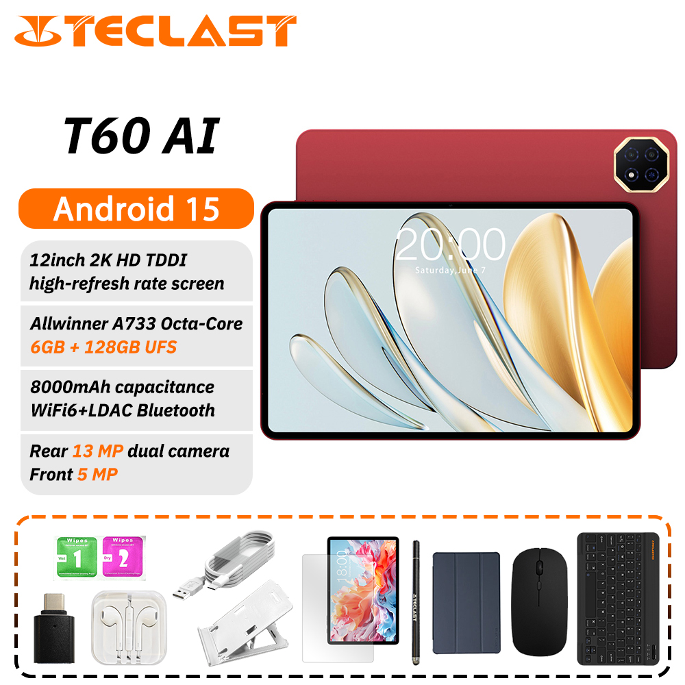 Teclast T60 AI pantalla de 12" 2K, 6GB RAM, 128GB ROM, Android 15, WiFi6, 8000mAh, cámara 13MP + 5MP