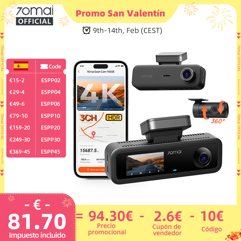 70mai 4K T800E cámara de salpicadero 3 en 1, Control de voz, 24 horas, GPS, 4K y DVR para coche