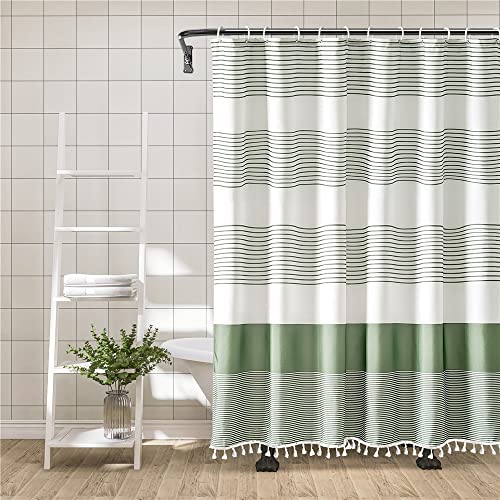 Hopomoon Cortina de Ducha Boho 180 x 180 cm Diseño de Rayas Blancas y Verdes