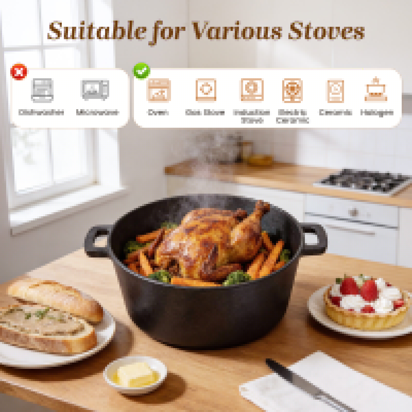 Olla de hierro fundido de 5L con tapa tipo sartén, olla holandesa con asas dobles