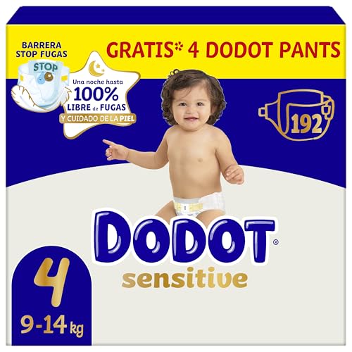 Dodot Pañales Bebé Sensitive, Talla 4 (9-14 kg), 192 Pañales + 4 Pants de Regalo