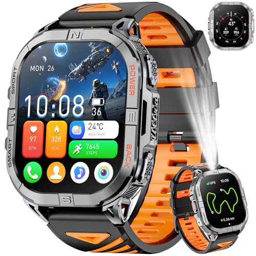 Joautrial Reloj Inteligente Hombre GPS, 2,13" AMOLED Smartwatch Militar con Linterna Led, Barómetro