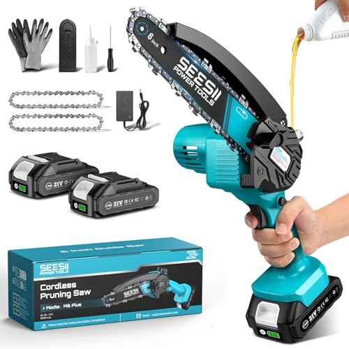 SEESII 6'' Mini Motosierra Bateria 2000mAh, 900W Sierra Eléctrica con Depósito Para El Aceite