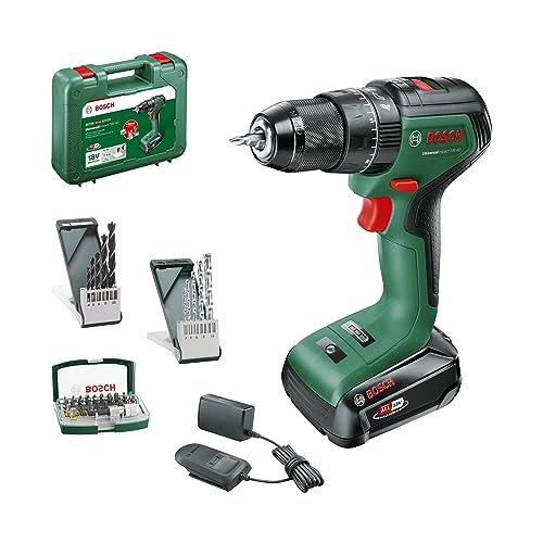 Taladro percutor Bosch a batería Universal con 42 brocas; 1 batería de 2,0 Ah; sistema de 18 V