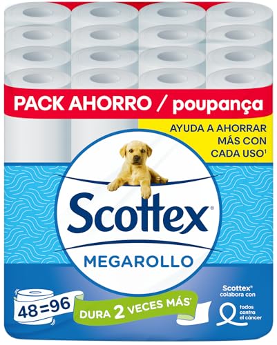 Scottex Papel Higiénico Megarollo 48 rollos equivalen a 96 rollos regulares - (4 packs de 12 rollos)