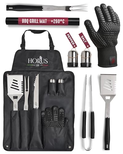 HORUS 23 - Kit Barbacoa con BBQ Accessories en Acero Inoxidable, Delantal Oxford con Bolsillos