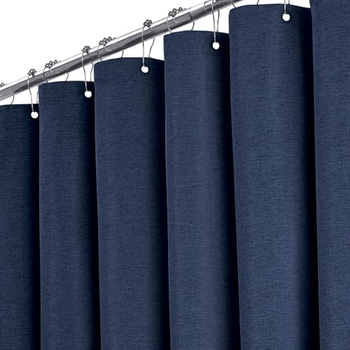 BTTN Cortina de ducha de tela azul marino 180x200 cm, textura de lino antimoho