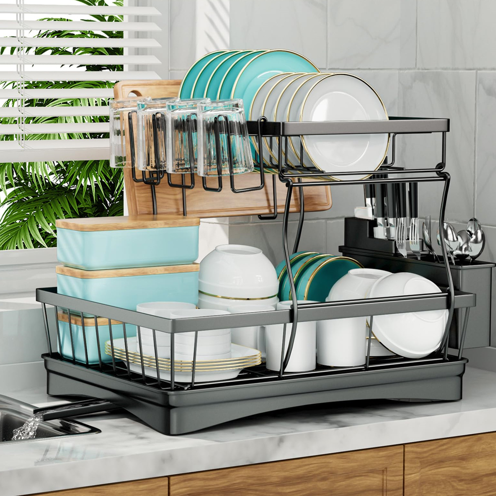 Escurridor de platos grande de 2 niveles para encimeras de cocina, escurridor de platos extraíble