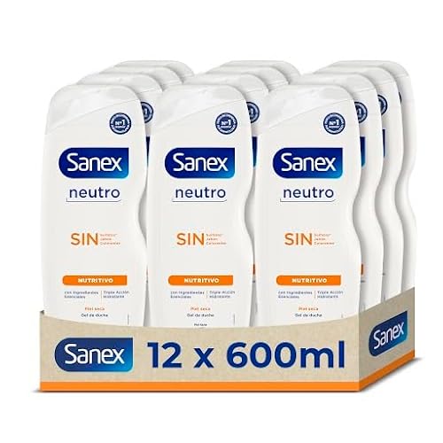 Sanex Gel de Ducha Neutro Nutritivo 600 ml, Pack 12, para piel seca, hidratación duradera