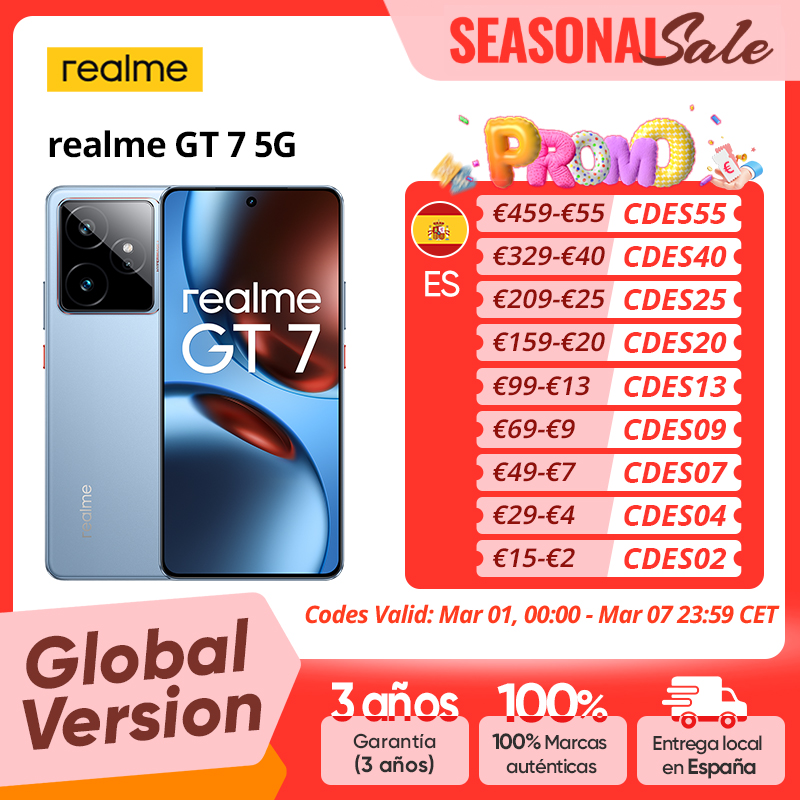 Realme GT 7 5G MTK Dimensity 9400e 6000nits Pro-Esports Display 7000 mAh Batería 120W Ultra Charge