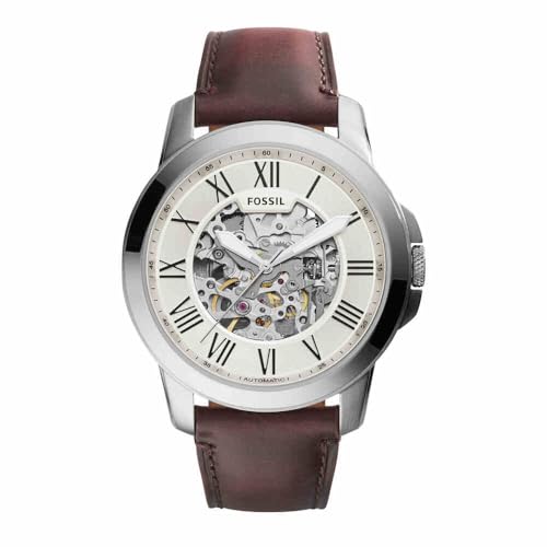 Reloj Fossil Grant, movimiento automático, caja de acero plateado de 45mm con correa de piel