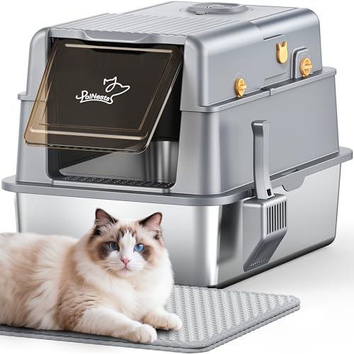 PalNests Arenero Gato Acero Inoxidable, XXL Caja Bandeja de Arena para Gatos con Tapa Abatible