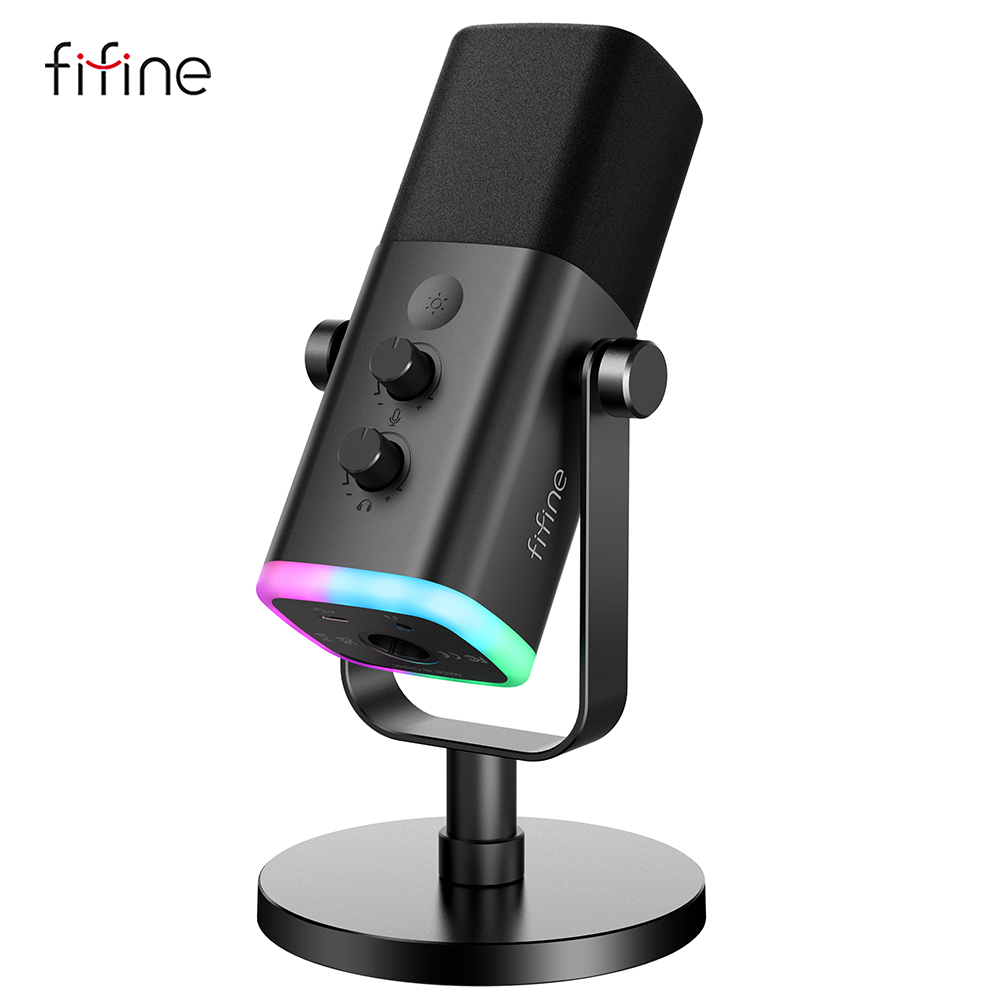 FIFINE-micrófono dinámico USB/XLR con botón de silencio táctil, Conector de auriculares