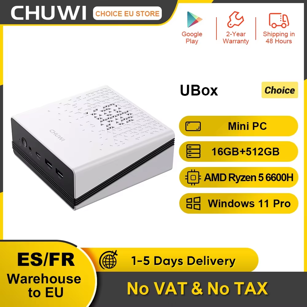 CHUWI UBox Mini PC AMD Ryzen 5 6600H 16GB DDR5 512GB SSD Windows 11 Pro 4K 240Hz