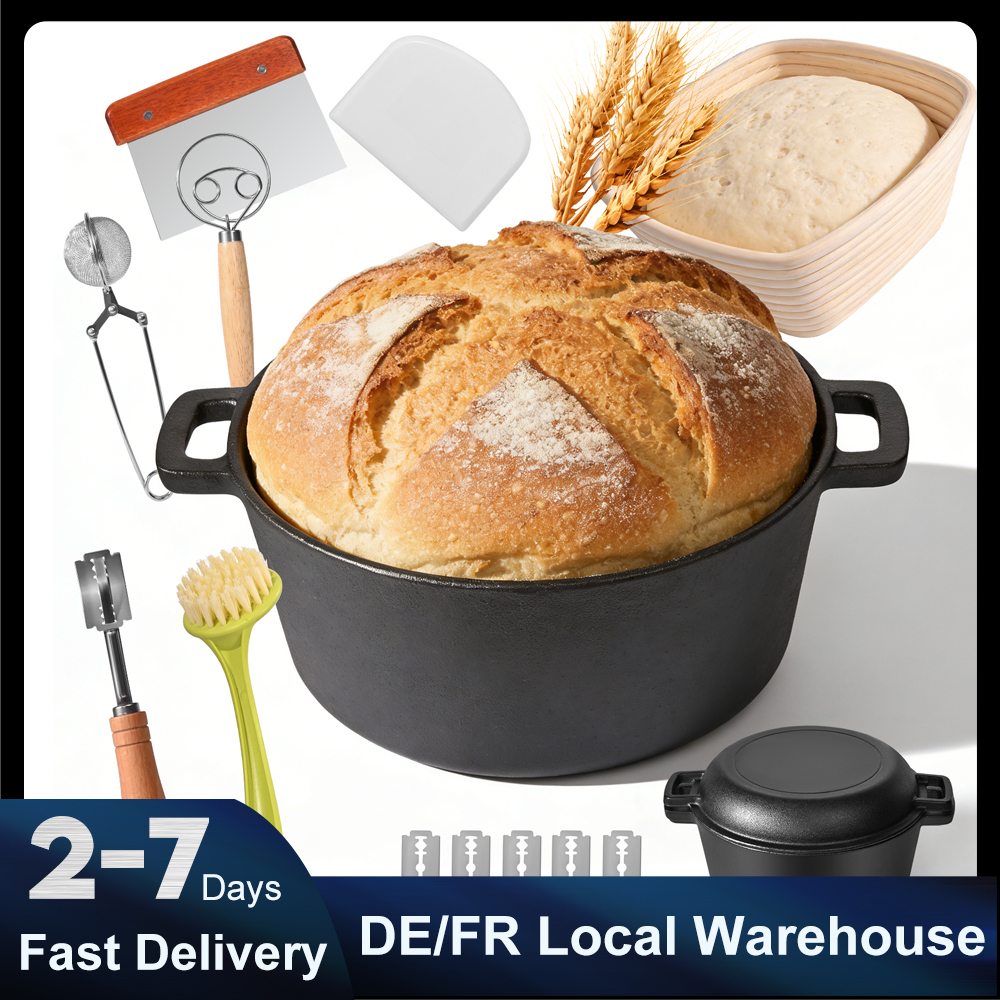 Olla holandesa de hierro fundido 2 en 1 con sartén y cesta para fermentar pan