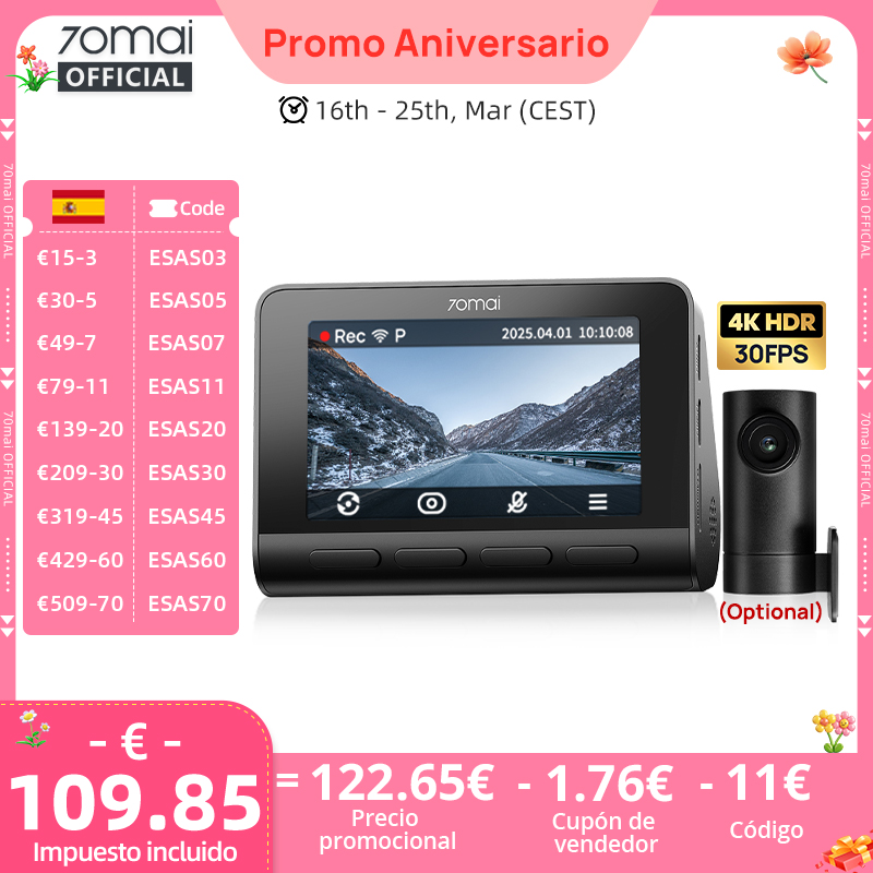 70mai A810S 4K Dash Cam A810S HDR 4G LTE Wi-Fi 6 Control de voz GPS ADAS