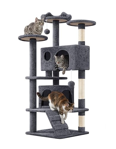 Yaheetech Árbol Rascador para Gatos 139cm con 3 Plataformas 2 Nidos 2 Pompones Torre de Escalador