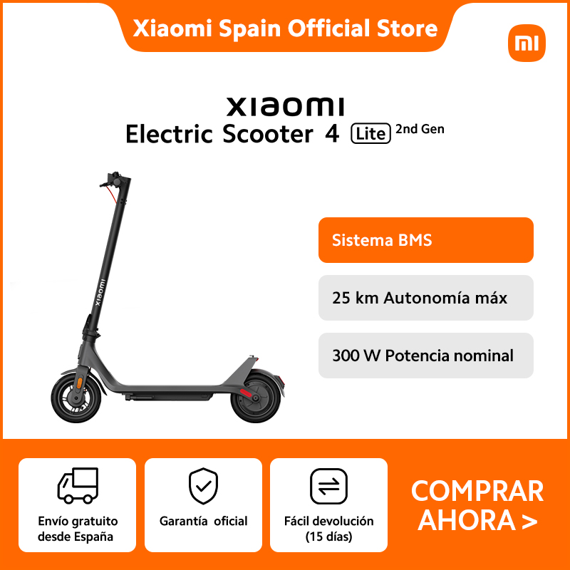 Xiaomi Electric Scooter 4 Lite (2nd Gen), Sistema BMS , 25 km Autonomía máx, 300 W Potencia nominal