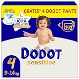 Dodot Pañales Bebé Sensitive, Talla 4 (9-14 kg), 192 Pañales + 4 Pants de Regalo